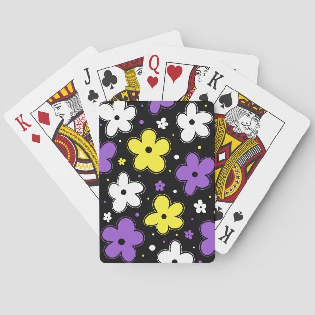 Nonbinary Pride Flag Flowers Doodle Yellow Purple Playing Cards (Back)