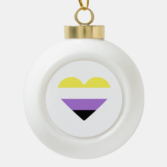 Nonbinary Pride Flag Heart Ceramic Ball Christmas Ornament (Front)