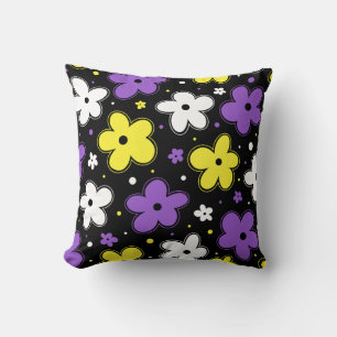 Nonbinary Pride Flowers Purple Yellow Black White Cushion