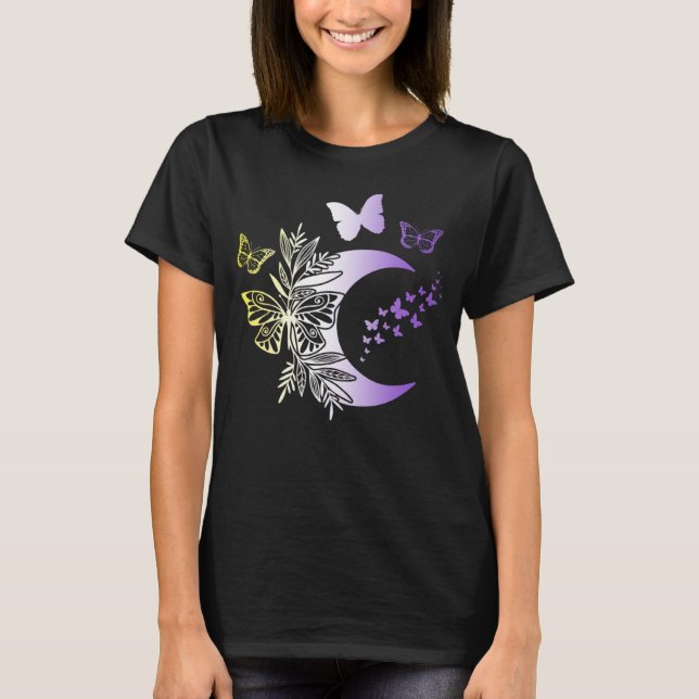 Nonbinary Pride Subtle Enby LGBTQ Moon Butterfly N T-Shirt (Front)