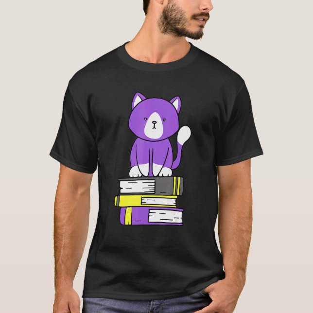 Nonbinary Subtle Pride Cute Cat Book Pile Non Bina T-Shirt (Front)