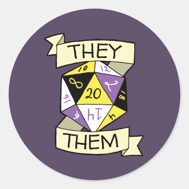 Nonbinary They Them Pronouns D20 Tabletop Dice Classic Round Sticker (Front)