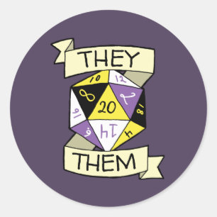 Nonbinary They Them Pronouns D20 Tabletop Dice Classic Round Sticker