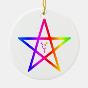 Nonbinary transgender rainbow pentagram ceramic tree decoration