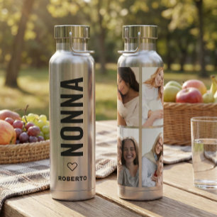 Nonna   Italian Grandma 4 Photo Custom Name Silver Water Bottle