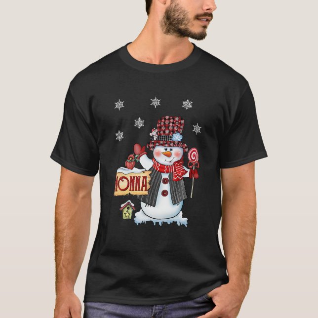 Nonna Snowman Christmas Candy Cane Red Plaid Santa T-Shirt (Front)