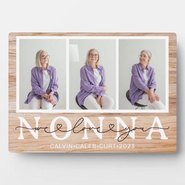 Nonna We Love You Heart Script 3 Photo Gift Plaque (Front)