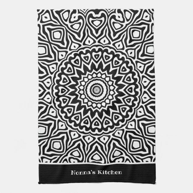 Nonna's Kitchen Black and White Mandala Pattern Tea Towel (Vertical)
