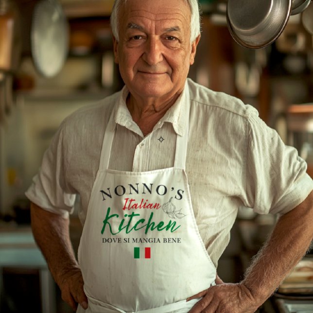 Nonno’s Italian Kitchen Apron - Dove Si Mangia Ben (White apron with “Nonno’s Italian Kitchen” in red and green script, “Dove si mangia bene” phrase, It)