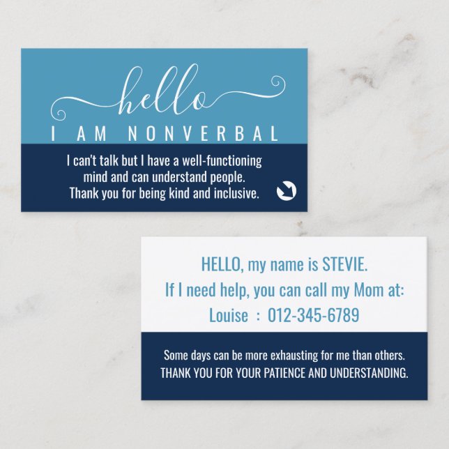 nonverbal awareness and emergency contact  business card (Front/Back)