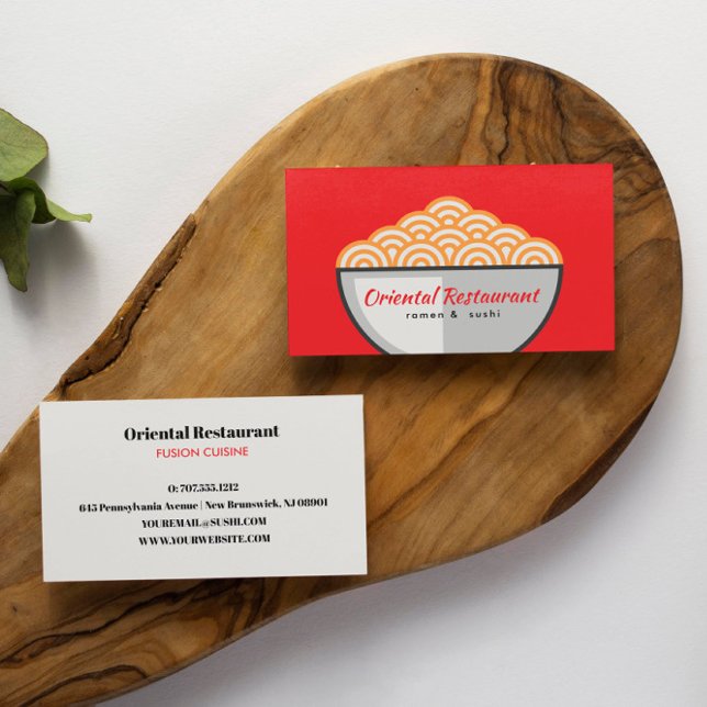 Noodle Ramen Sushi Japanese Fusion restaurant Business Card (ORIENTAL RESTAURANT AND FOOD THEMED BUSINESS CARD WITH NOODLE )