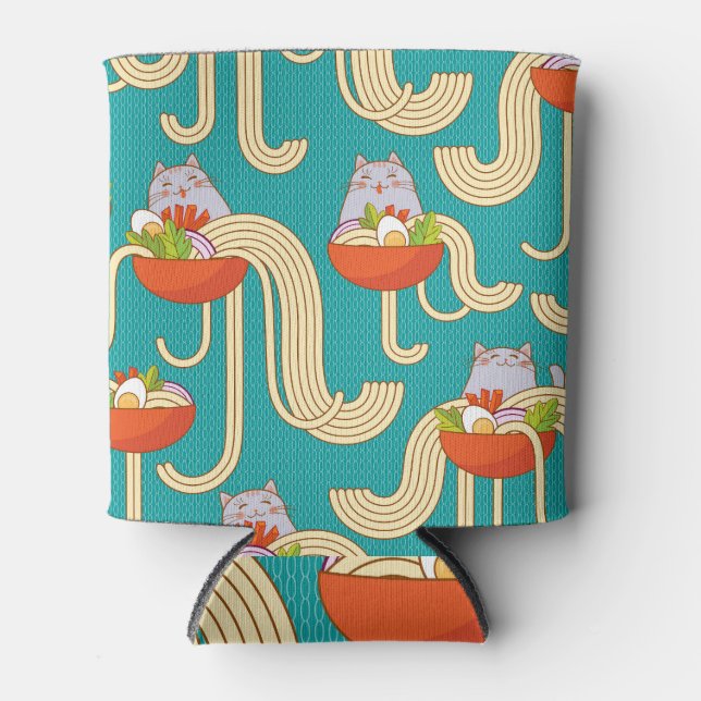 Noodles Funny Cats Turquoise Background Can Cooler (Front)