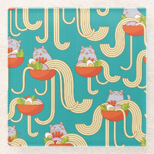 Noodles Funny Cats Turquoise Background Glass Coaster