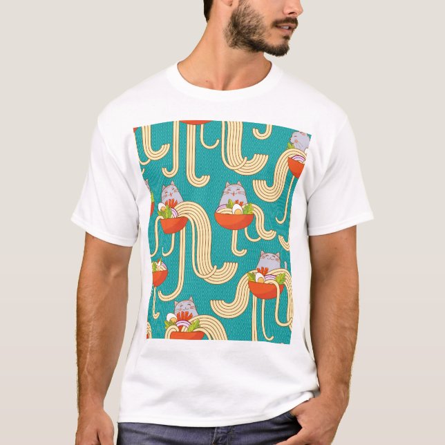 Noodles Funny Cats Turquoise Background T-Shirt (Front)