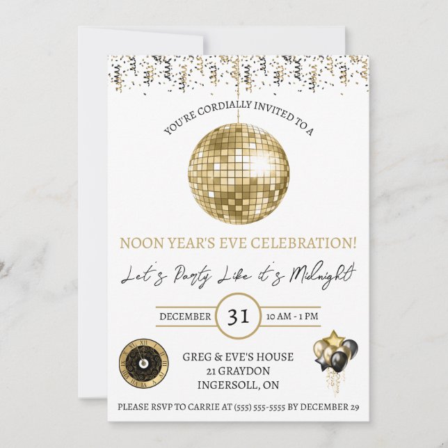 Noon Year's Eve, Kid's New Year's Eve Party Invitation (Front)