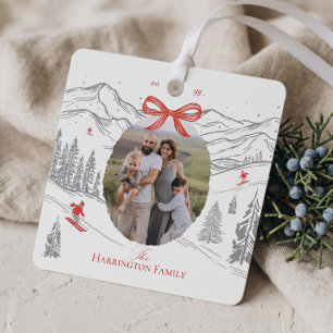 Nordic Alpine Mountain Red Bow Christmas Photo Metal Tree Decoration