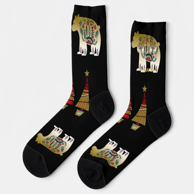 Nordic Artistic Christmas Trees Golden Bear Stars Socks (Left)