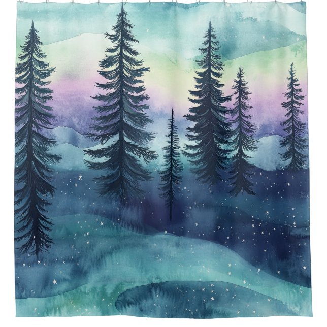 Nordic Aurora Forest Pattern Shower Curtain (Front)