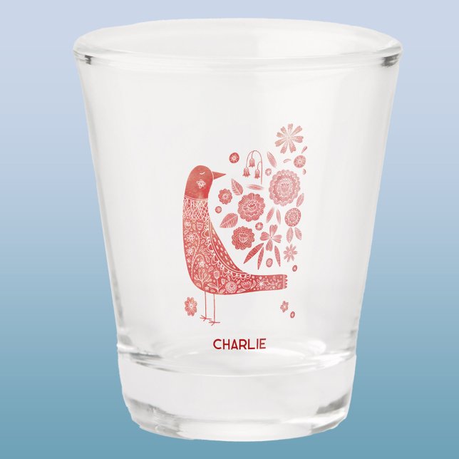 Nordic Bird Personalised Shot Glass (Scandinavian bird personalized name shot glass)