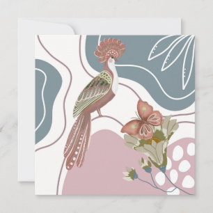 Nordic Birds and Flowers In Blue and Tan Note Card