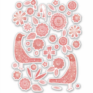 Nordic Birds and Flowers Red and White