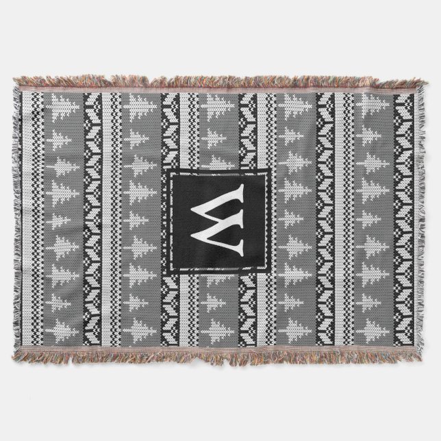 Nordic Black and White Fir Trees Monogrammed Throw Blanket (Front)