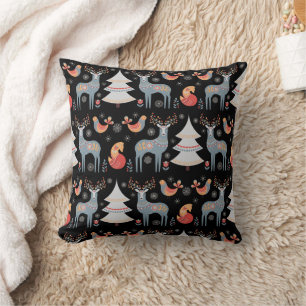 Nordic Black Reindeer Christmas Tree Floral Cushion