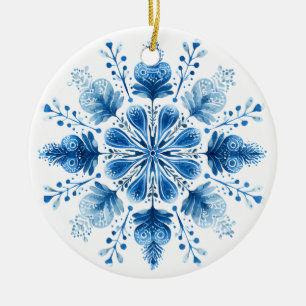 Nordic Bloom Snowflake Ornament Blue Folk Art Ho