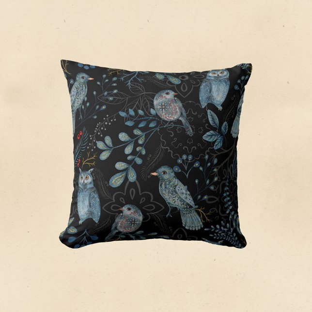 Nordic Blue Bird Owl Floral Watercolor Cushion (Creator Uploaded)