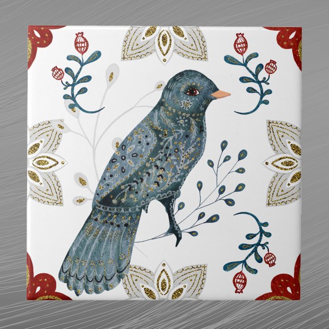 Nordic Blue Bird Watercolor Folk Art Tile (Creator Uploaded)