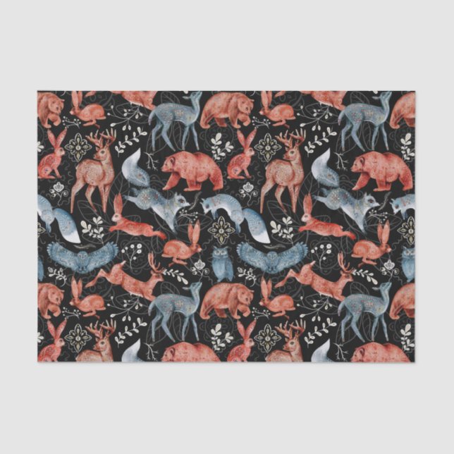 Nordic Blue Brown Animals Leaves Watercolor Tissue Paper (Front)