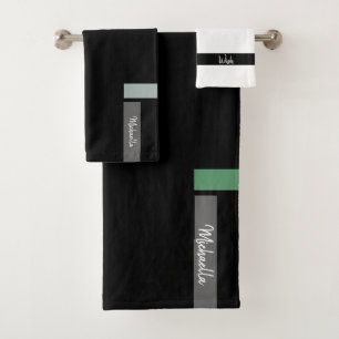 Nordic Blue Kale Green Detail Monogrammed Bath Towel Set