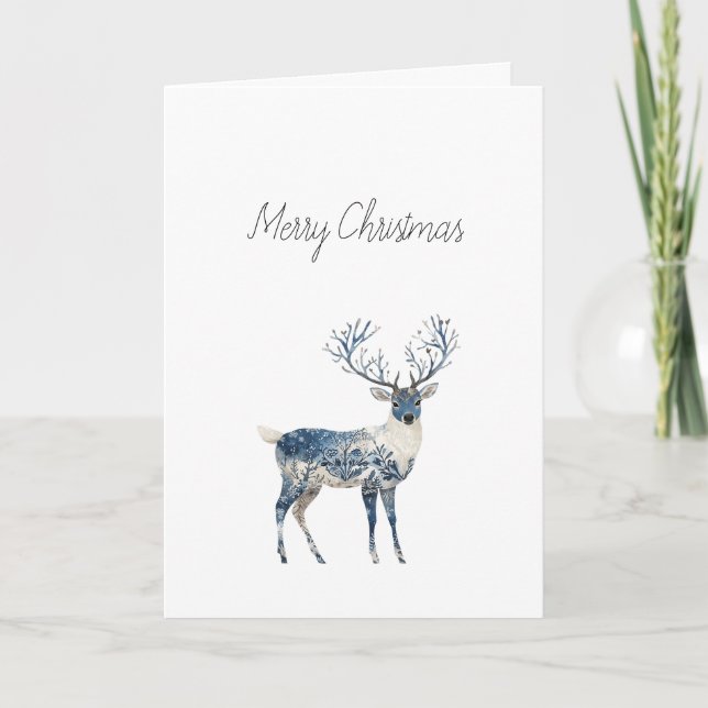 Nordic Blue White Deer Christmas Card (Front)