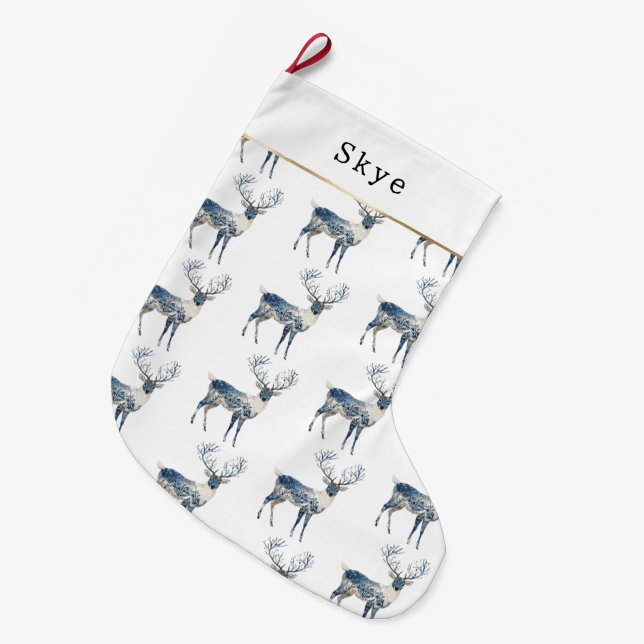 Nordic Blue White Deer Christmas Large Christmas Stocking (Front (Hanging))