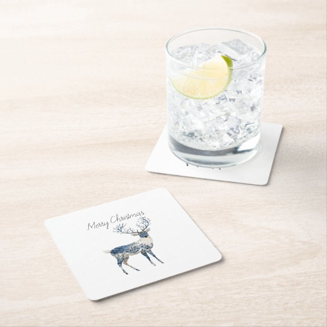 Nordic Blue White Deer Christmas Square Paper Coaster (Insitu)