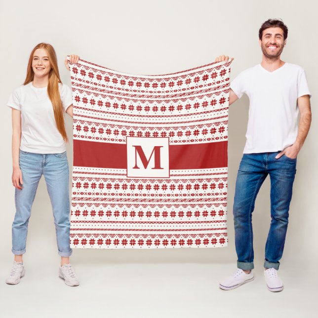 Nordic Bright Red And Winter White Arctic Stripes Fleece Blanket (In Situ)