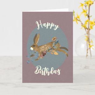 Nordic Brown Rabbit Floral Watercolor Birthday Card