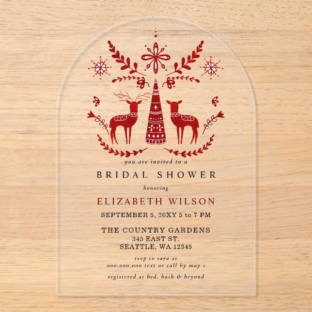 Nordic Buck and Doe Christmas Bridal Shower  Acrylic Invitations (Front)