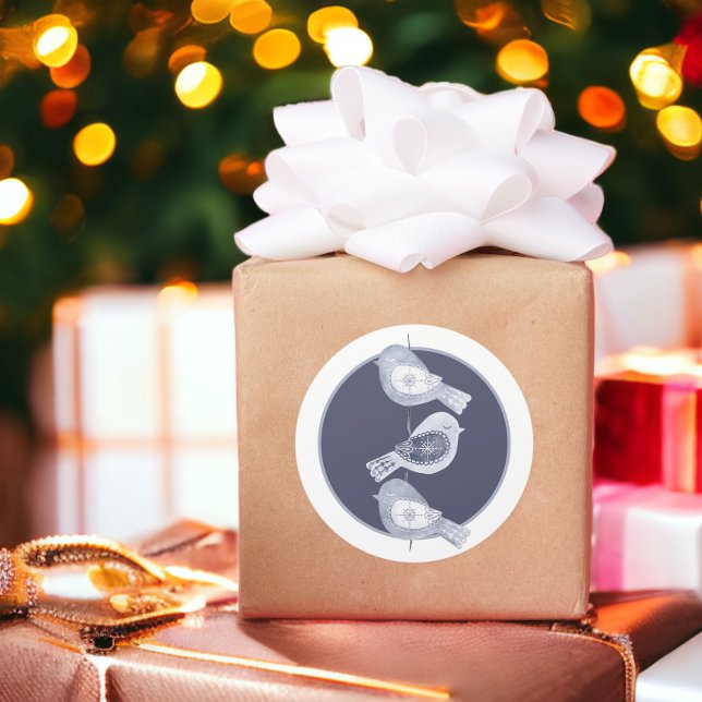 Nordic Christmas Blue Birds Photo Classic Round Sticker (Nordic Christmas Blue Birds Photo Classic Round Stickers from Ricaso)