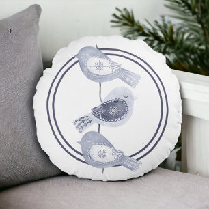 Nordic Christmas Blue Birds Round Cushion