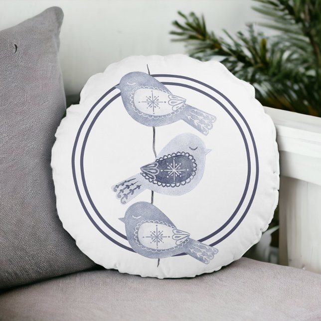 Nordic Christmas Blue Birds Round Cushion (Nordic Christmas Blue Birds Round Pillow from Ricaso)