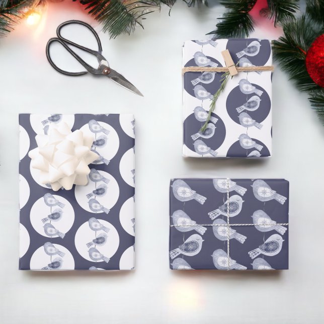 Nordic Christmas Blue Birds Wrapping Paper Sheet (Nordic blue birds Christmas wrapping sheets from Ricaso)