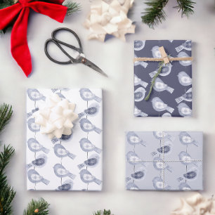 Nordic Christmas Blue Birds Wrapping Paper Sheet