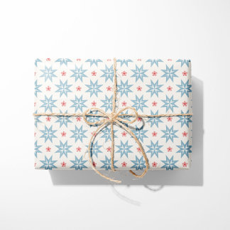 Nordic Christmas Blue Stars and Red Snowflakes Wrapping Paper