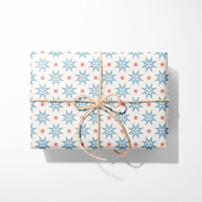 Nordic Christmas Blue Stars and Red Snowflakes Wrapping Paper (Creator Uploaded)