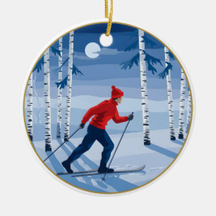 Nordic Christmas Cross-Country Skier Birch Forest Ceramic Tree Decoration