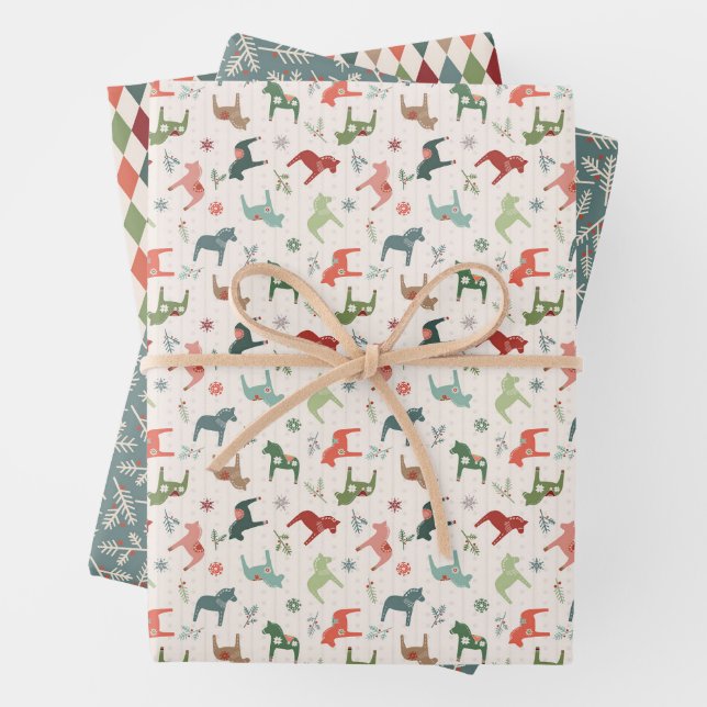 Nordic Christmas Dala Horse Wrapping Paper Sheets (In situ)