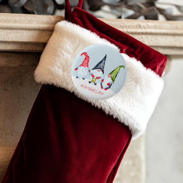 Nordic Christmas Gnomes Name 6 Cm Round Badge (Personalized Christmas Stocking Name Tag)