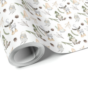 Nordic Christmas Holiday Festive Gnomes and Moose Wrapping Paper