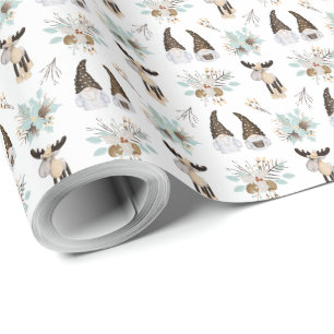 Nordic Christmas Holiday Festive Gnomes and Moose Wrapping Paper